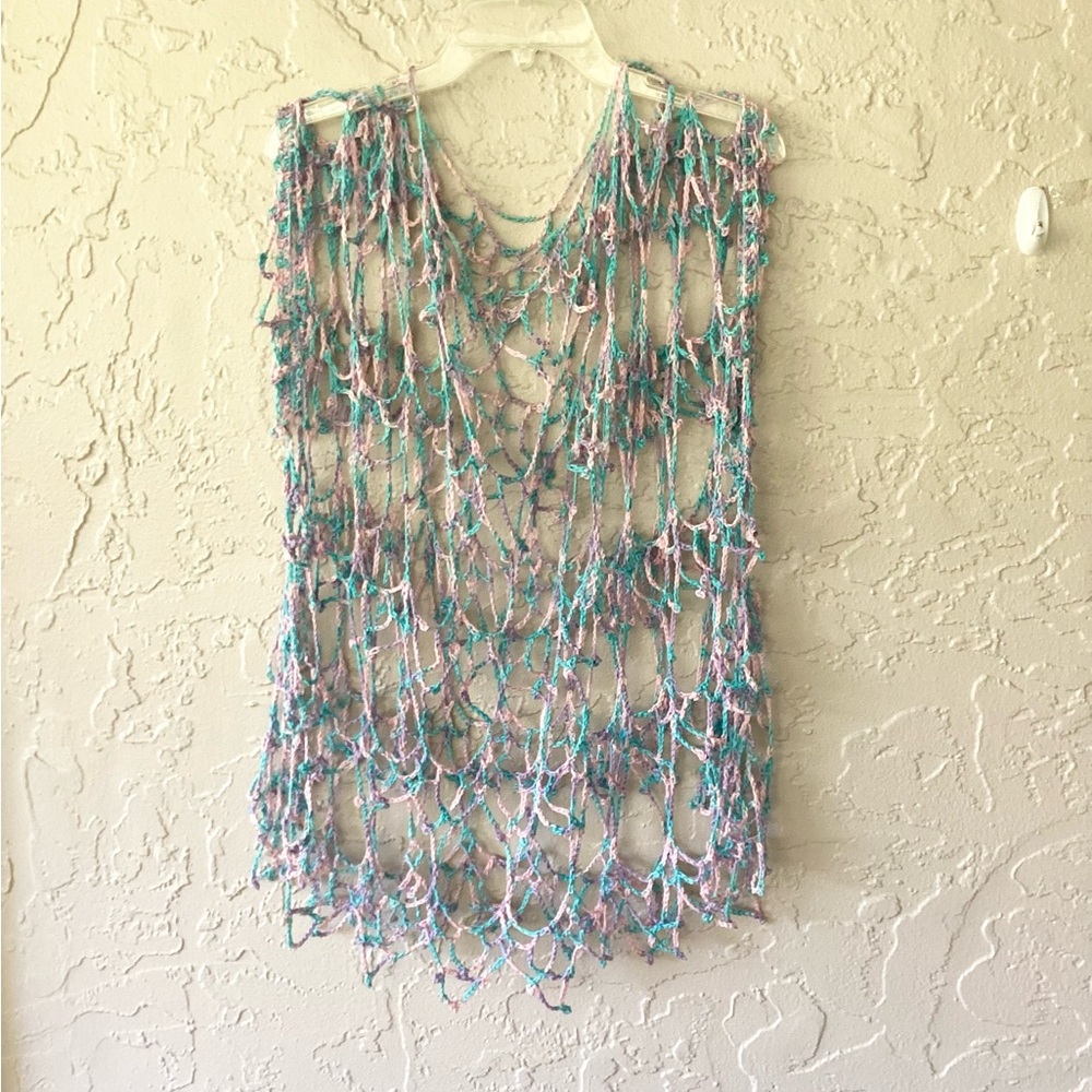 Cover-Up Hand Crafted Blue Pink Crochet Lacy Cotton Boho